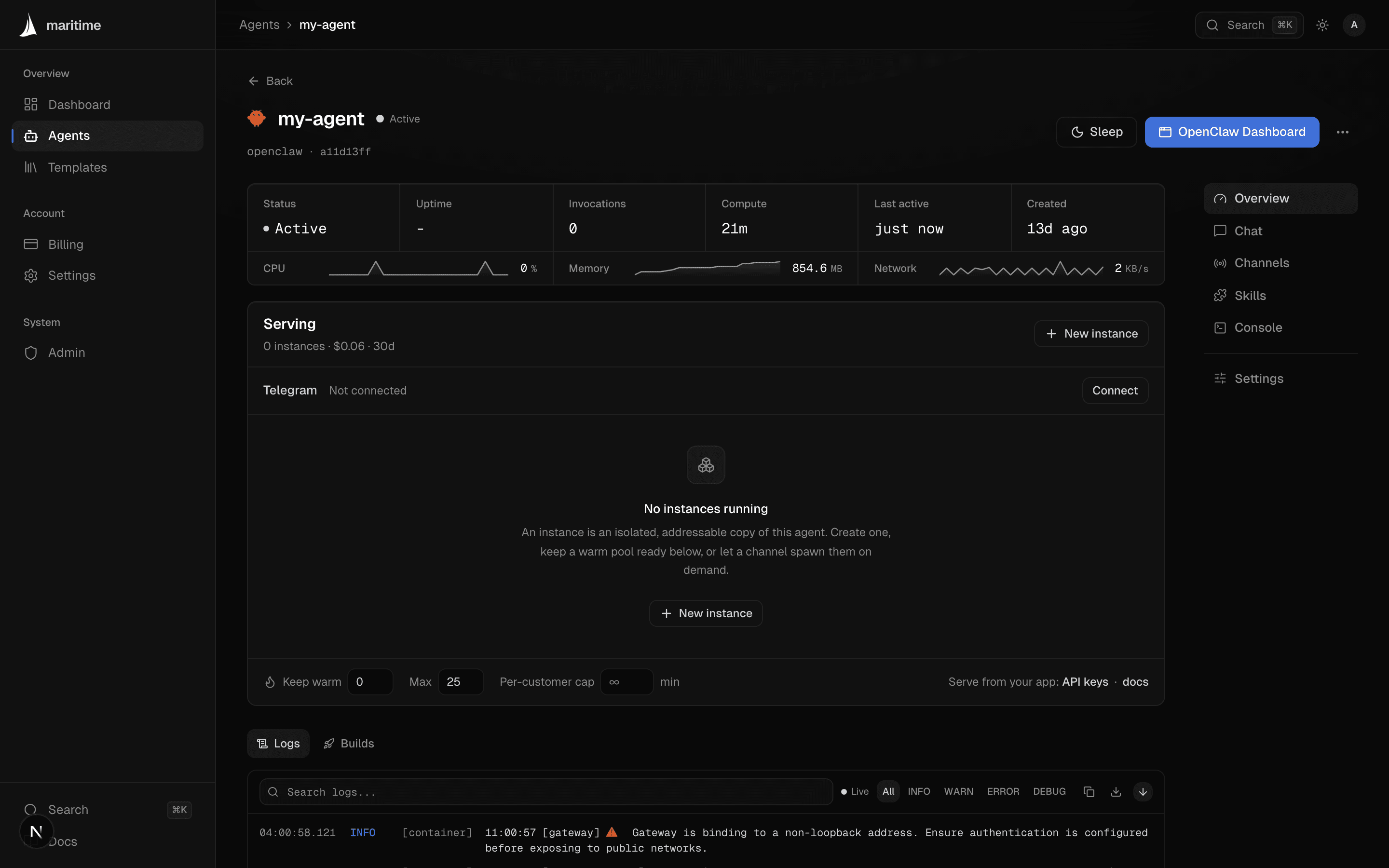 The Maritime agent dashboard: live status, CPU / memory / network telemetry, the serving panel, and streaming logs