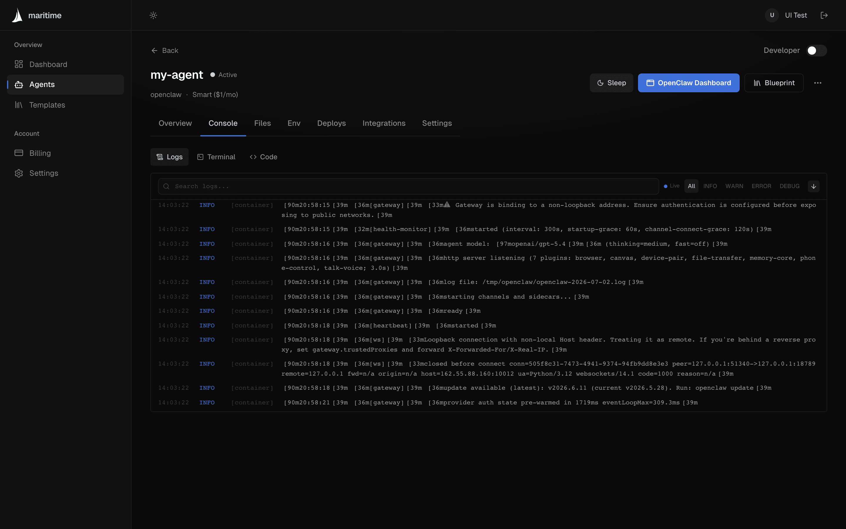 The Console tab streaming live container logs for an agent