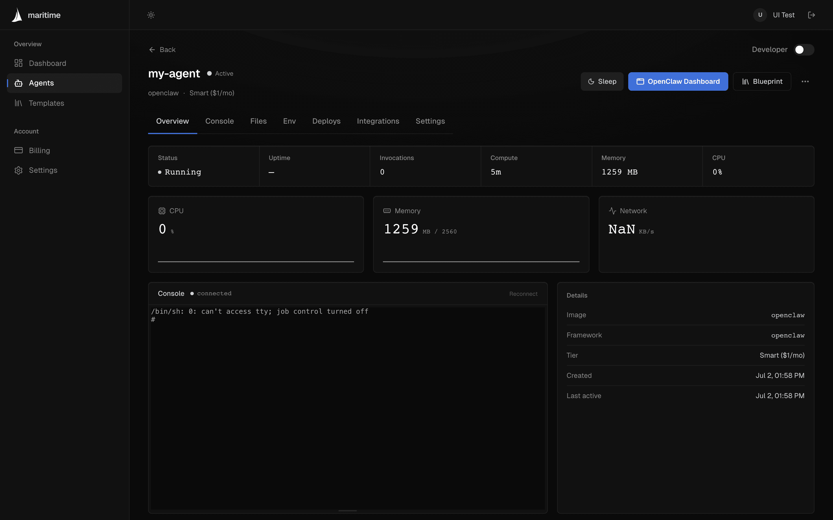 An agent's Overview tab showing status, uptime, CPU, memory, and a live console