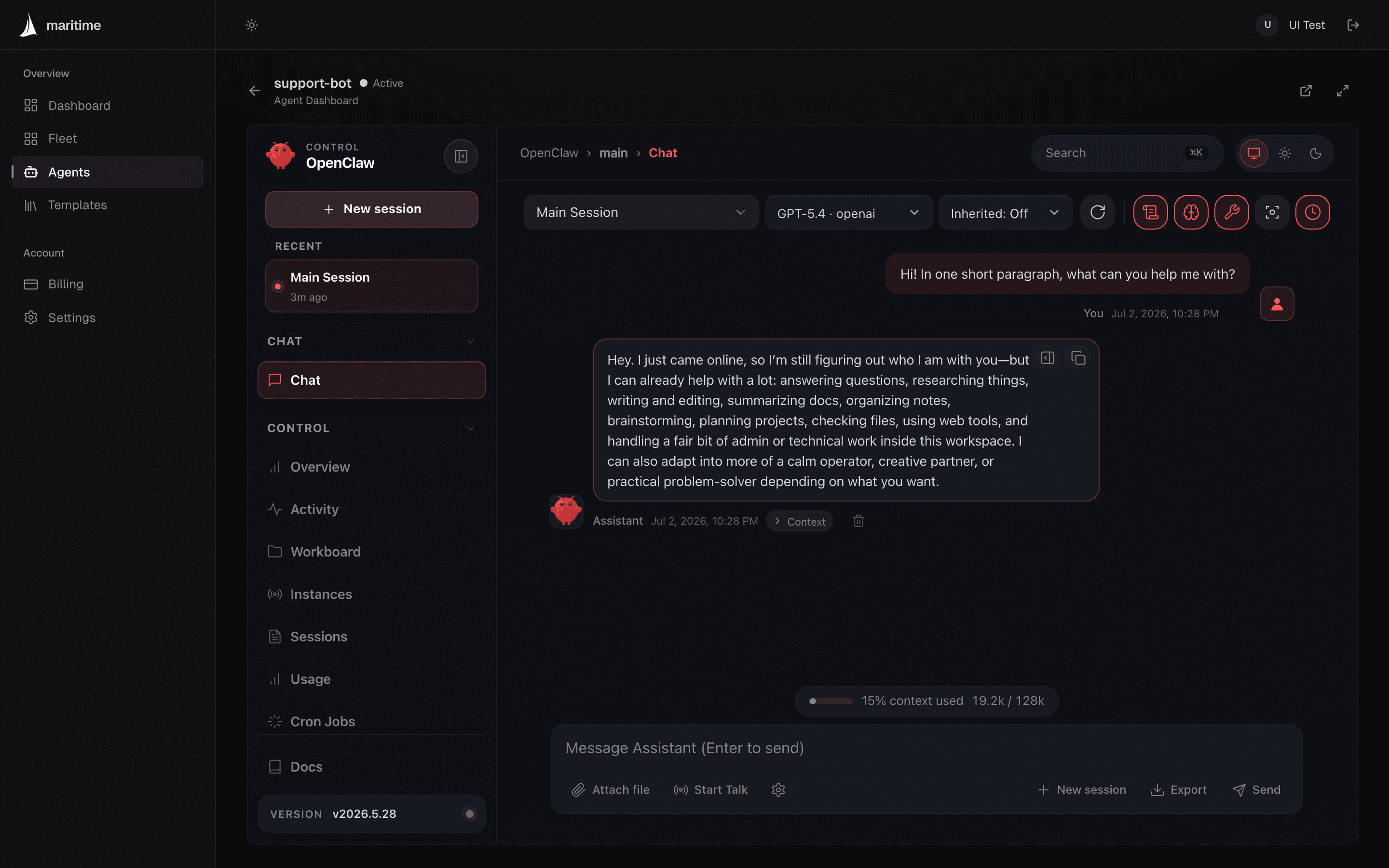 Chatting with a live agent in the built-in agent dashboard