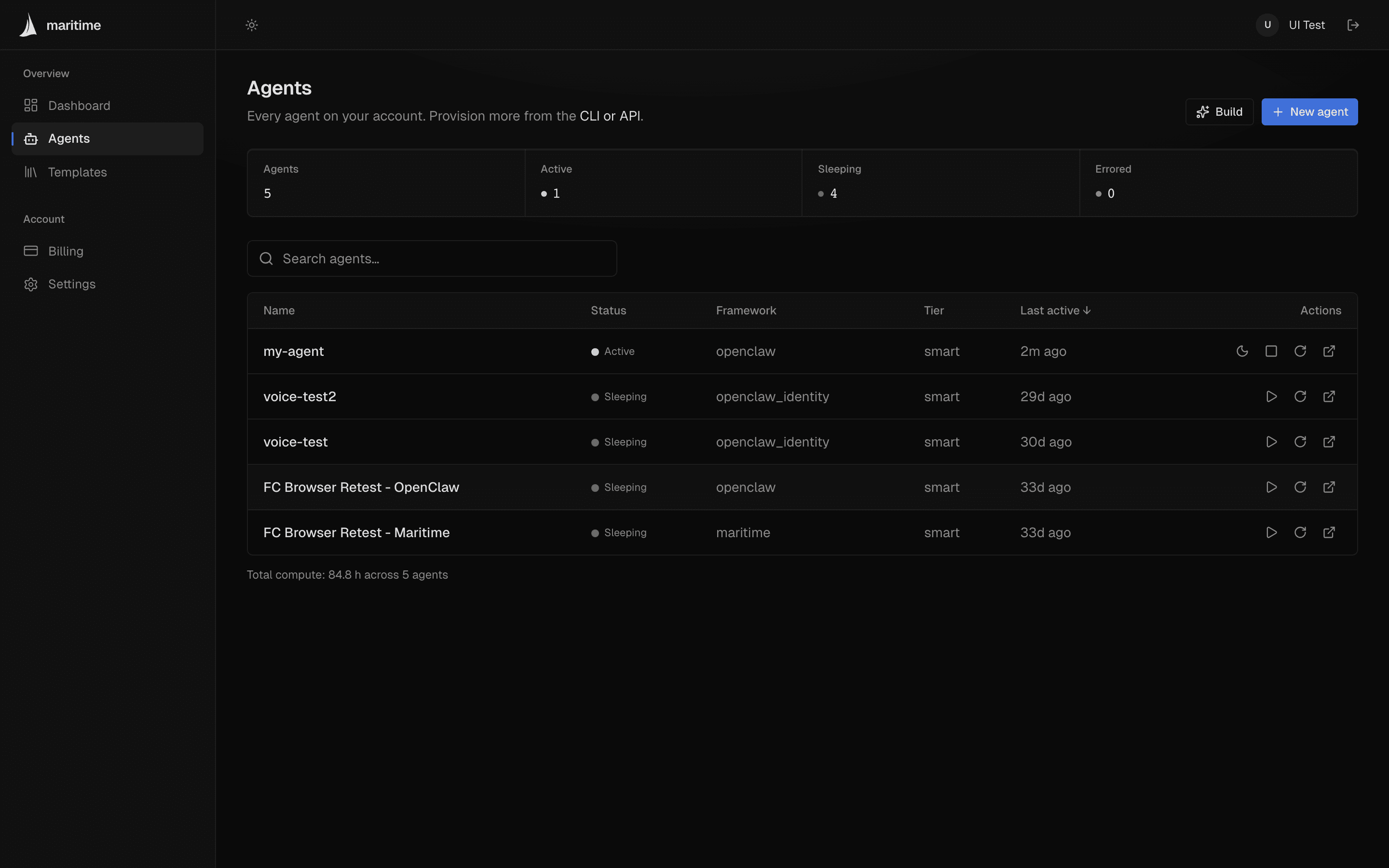The Agents page listing my-agent with an Active status