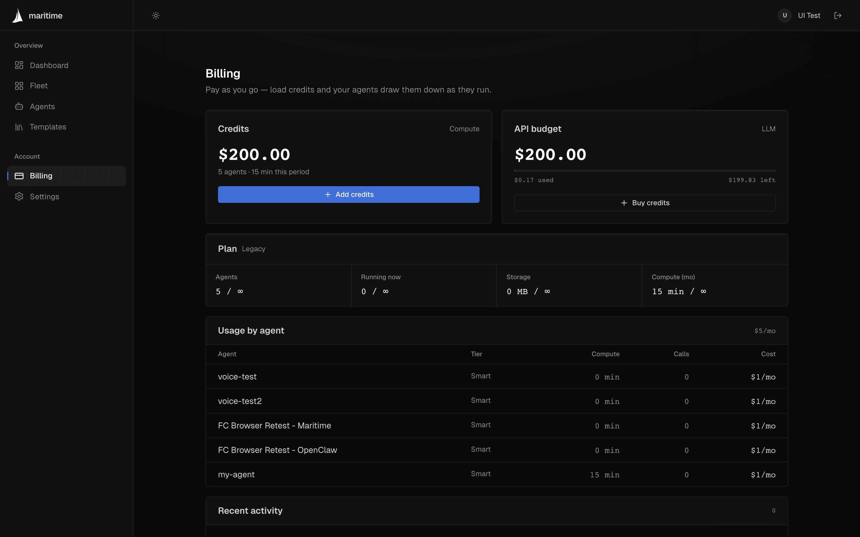 The Billing page showing compute credits, LLM API budget, plan usage, and per-agent costs
