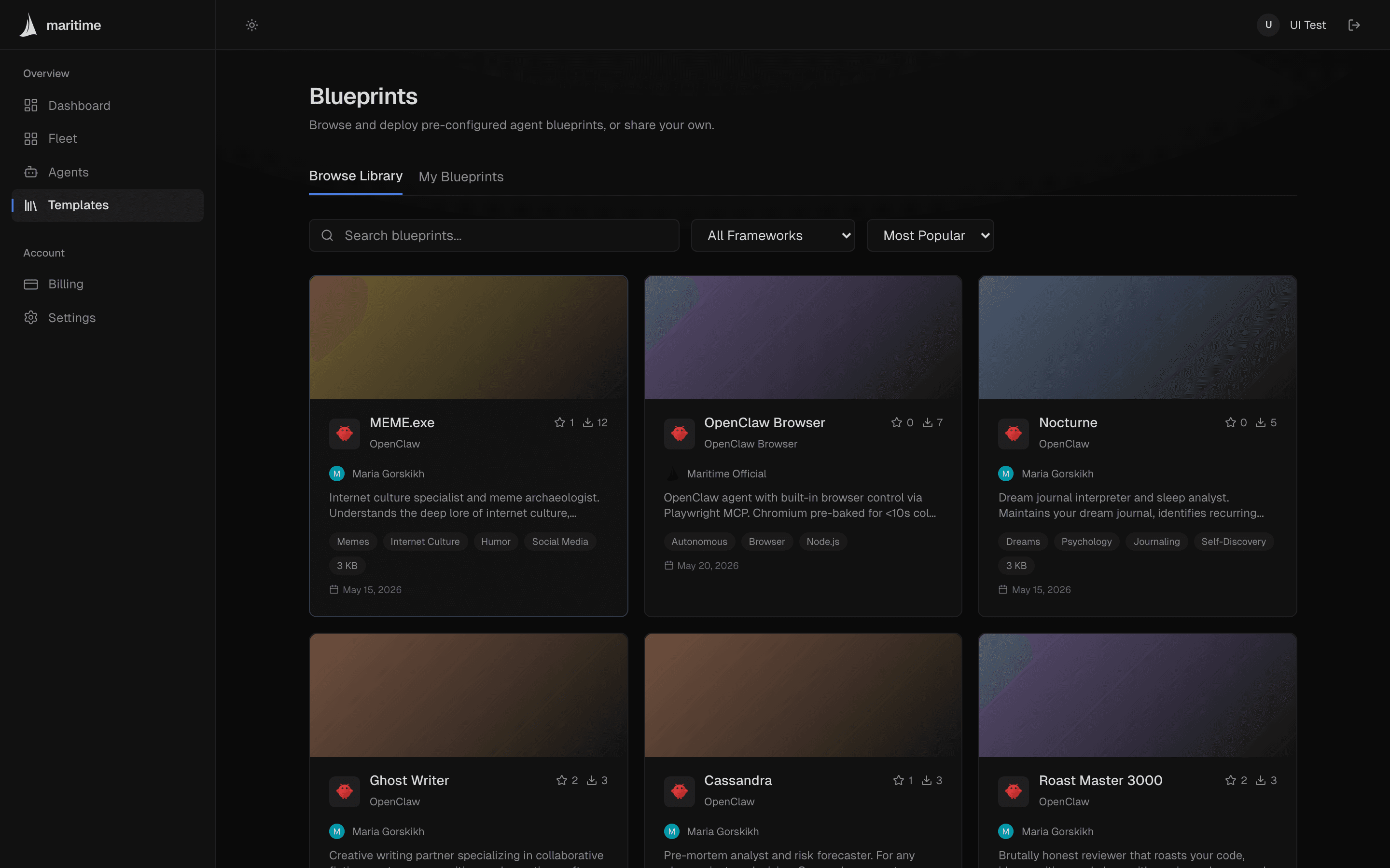 The Blueprints library showing shareable agent blueprints with stars and deploy counts