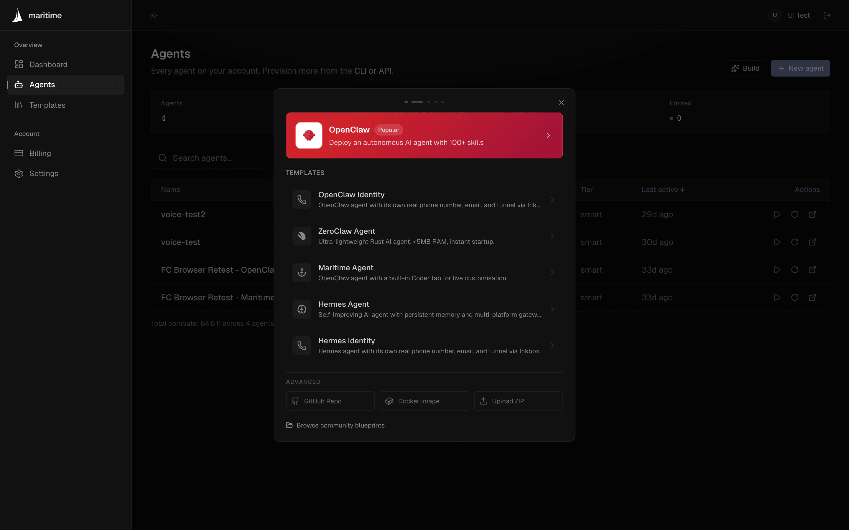 The New agent dialog in the Maritime dashboard showing the template picker