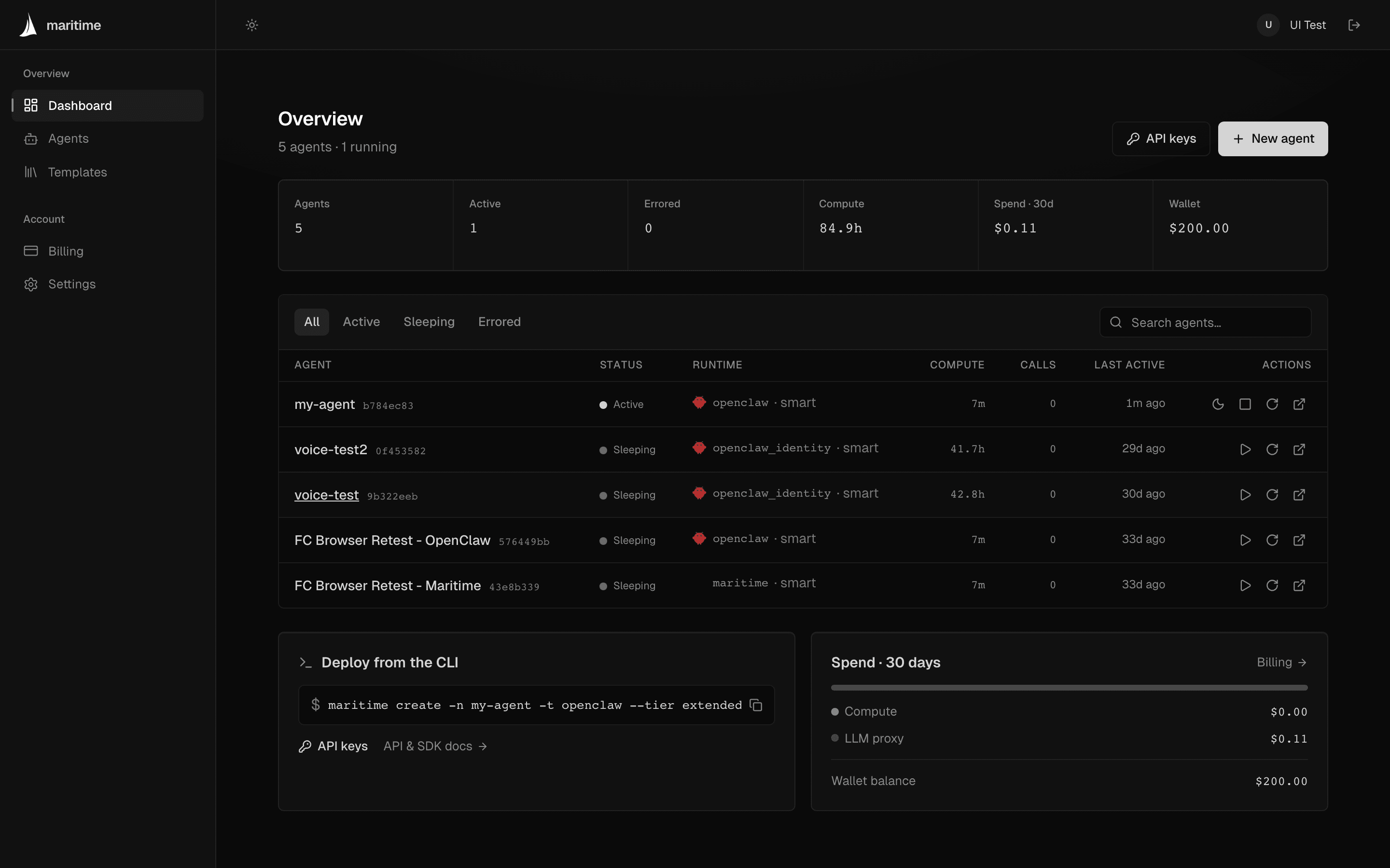 The Maritime dashboard: fleet overview with agents, compute, spend, and wallet