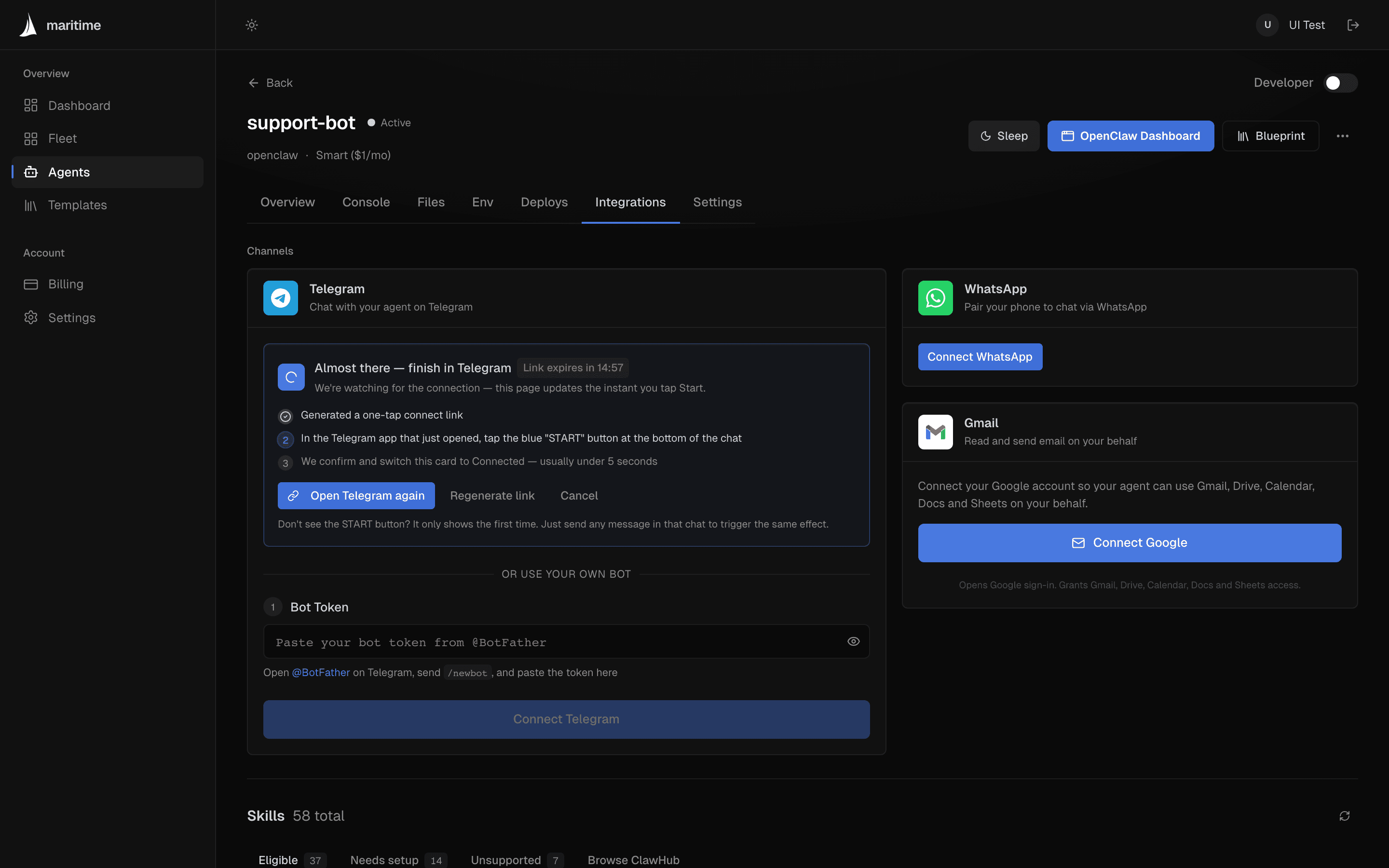 The Integrations tab showing Telegram, WhatsApp, and Gmail connection cards