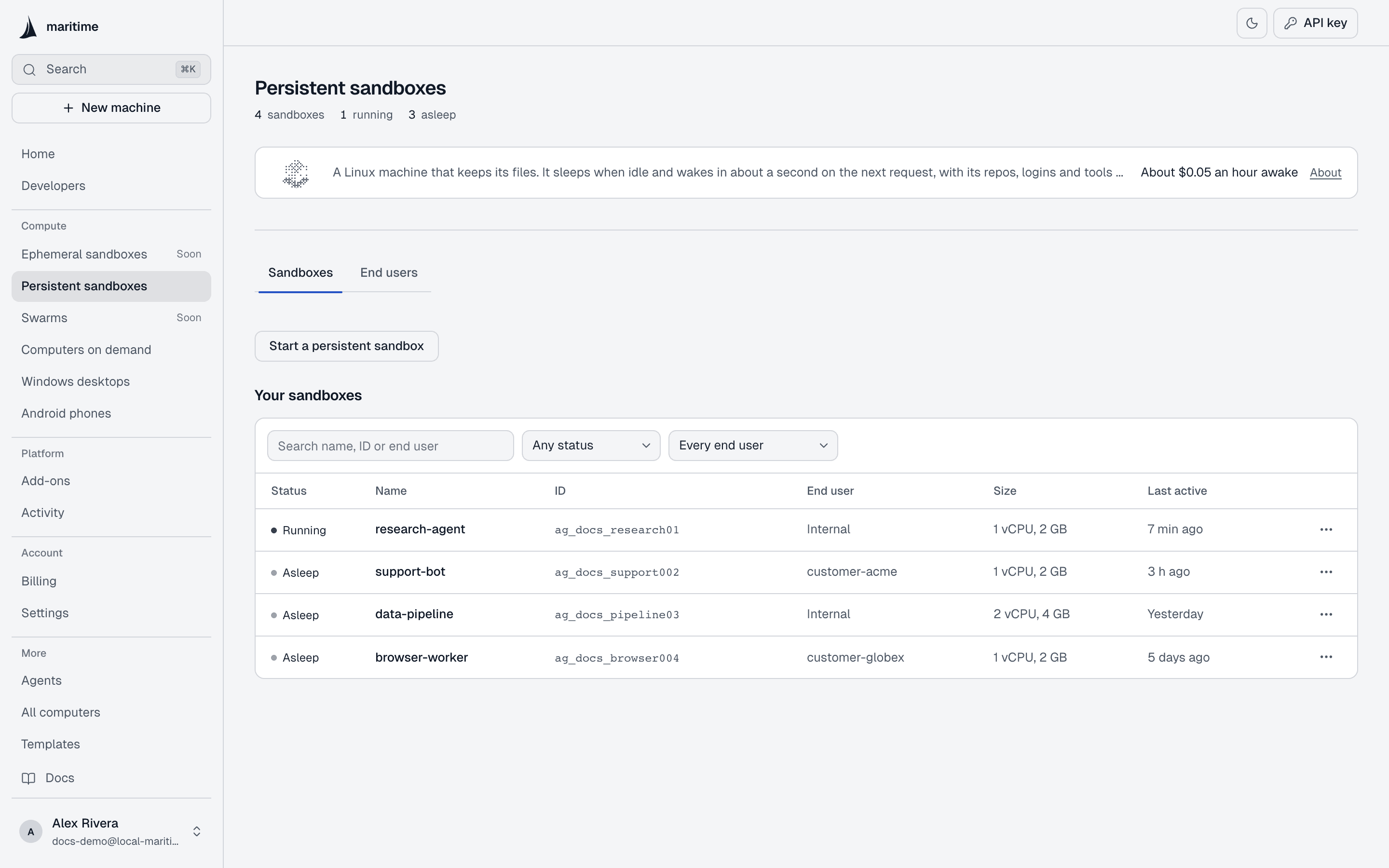 The Agent boxes list in the Maritime dashboard