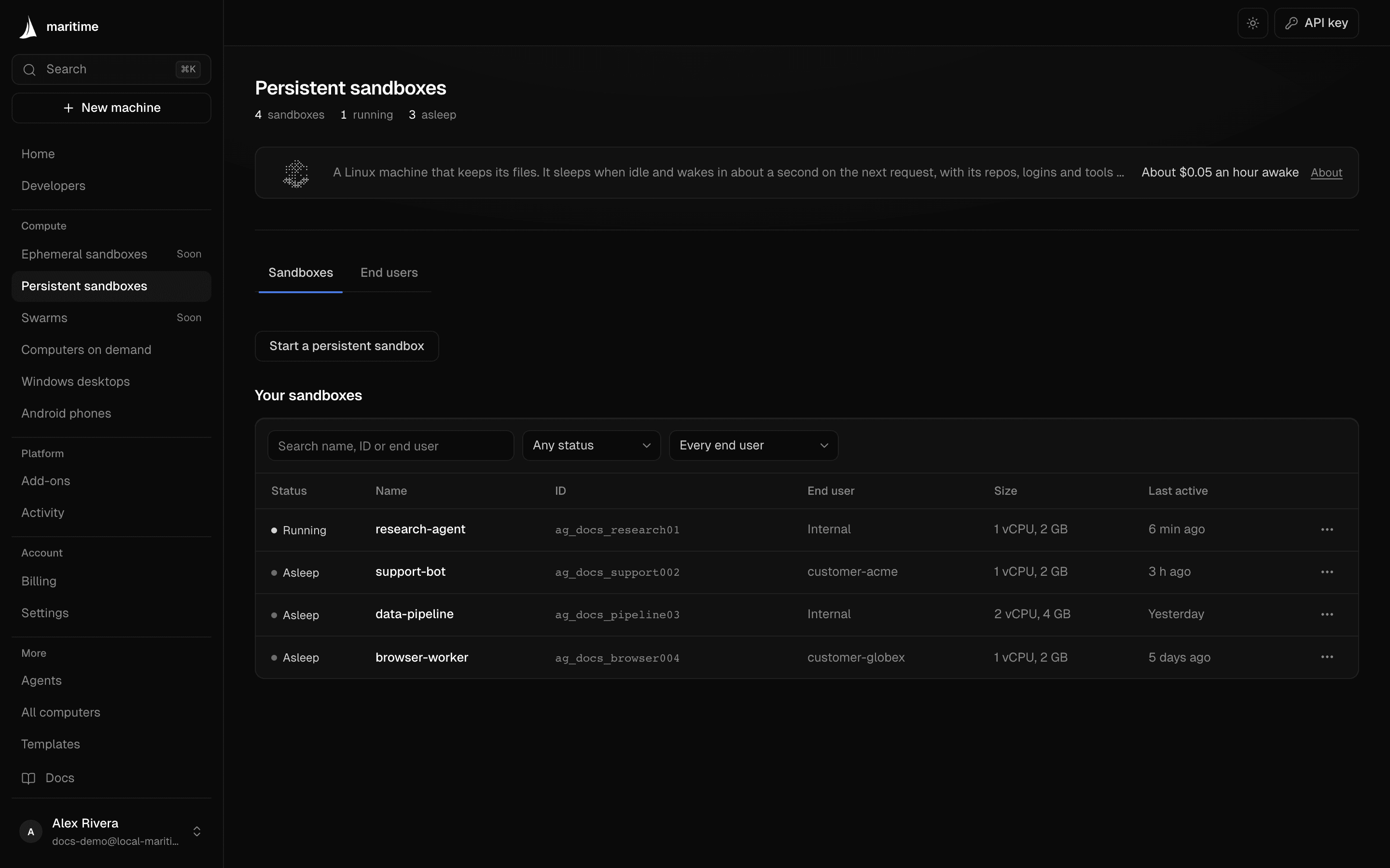 The Agent boxes list in the Maritime dashboard