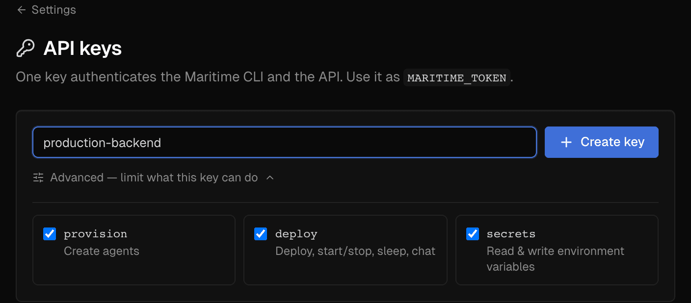 The Maritime dashboard API keys page with the scope picker open