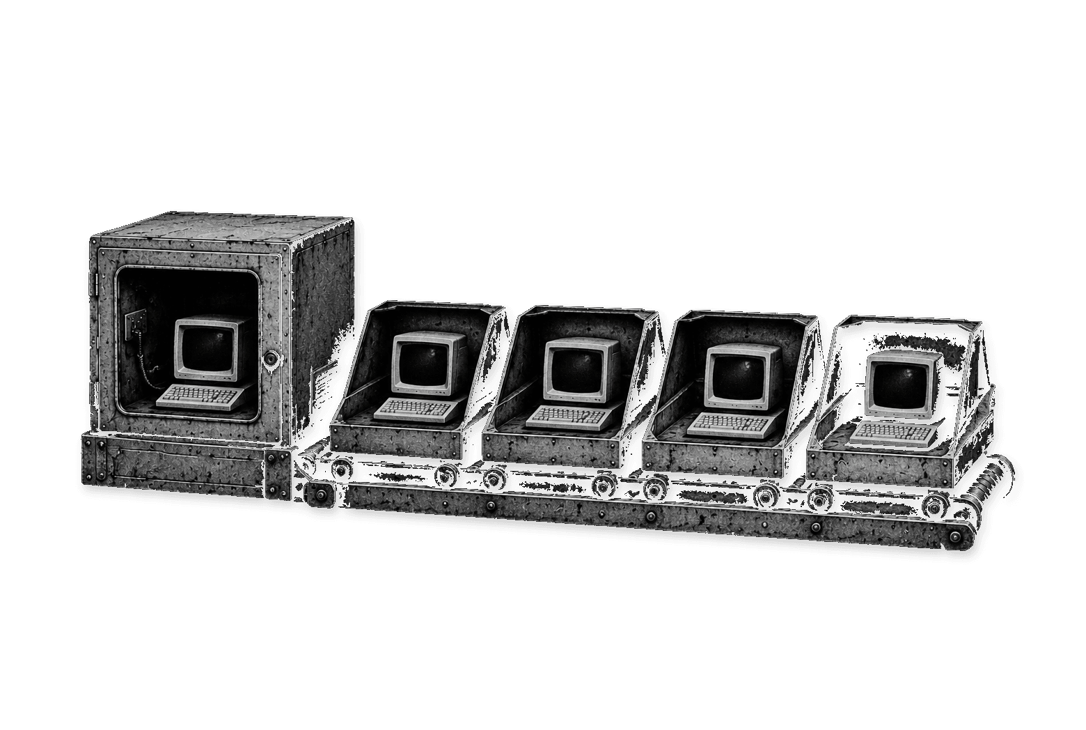 An assembly line stamping out identical small computers in crates