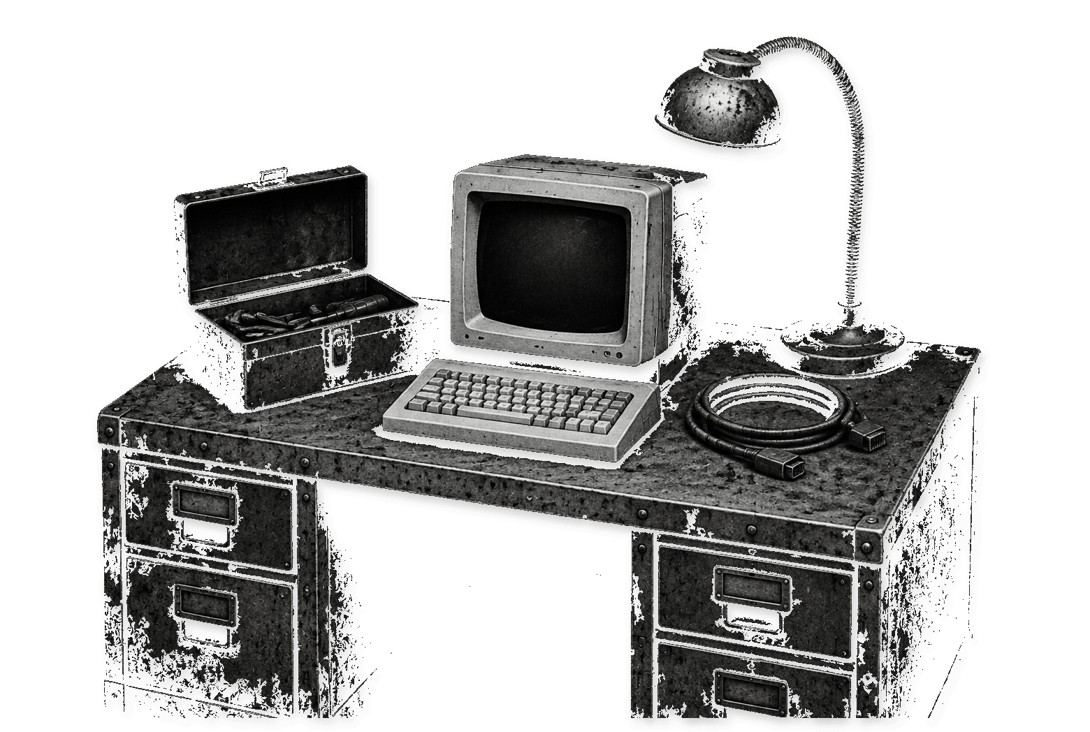 A workbench with a single small computer, toolbox, and lamp