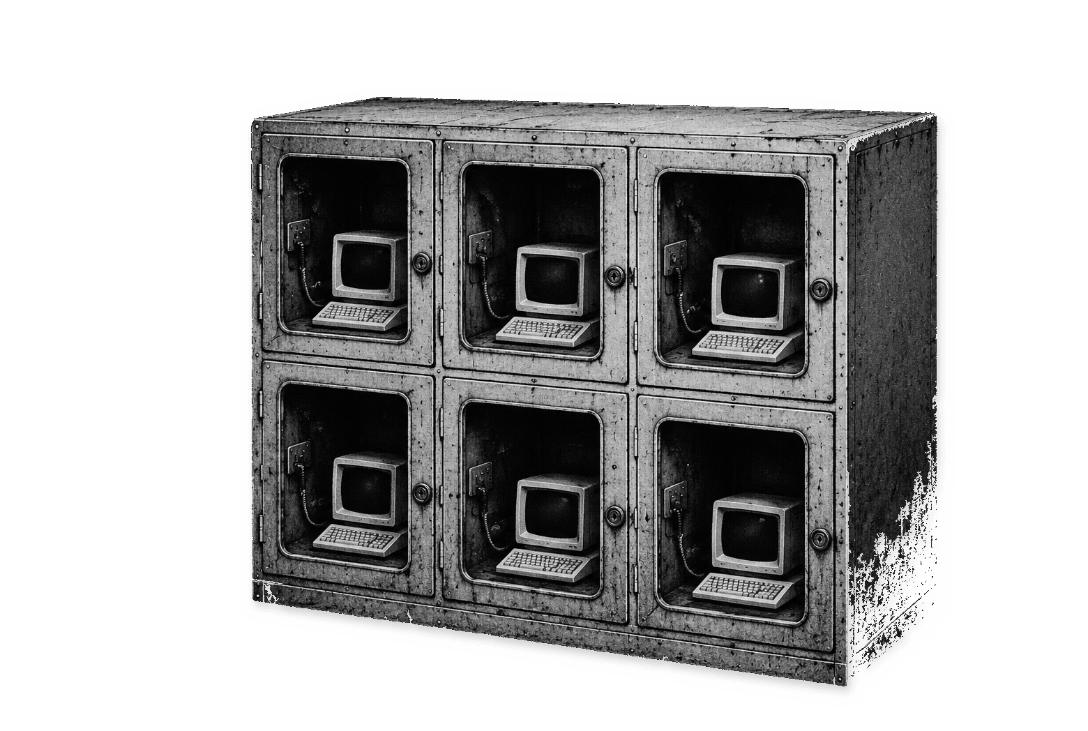 A locker cabinet with six compartments, each holding its own small computer
