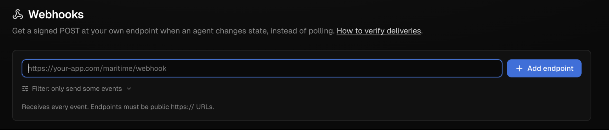 The webhooks settings panel