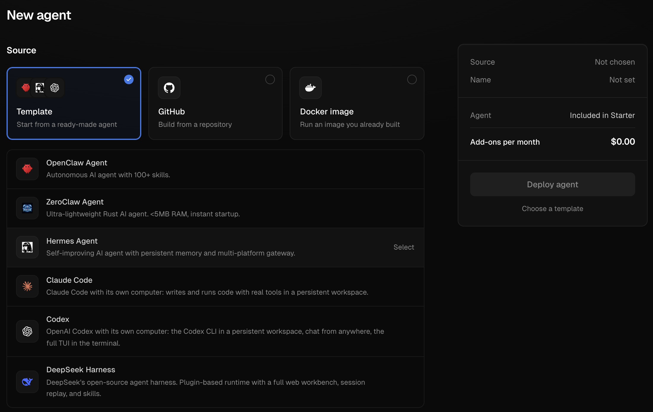 The New agent page: Template, GitHub, or Docker image as the source, a template list, and a summary with the monthly add-on total