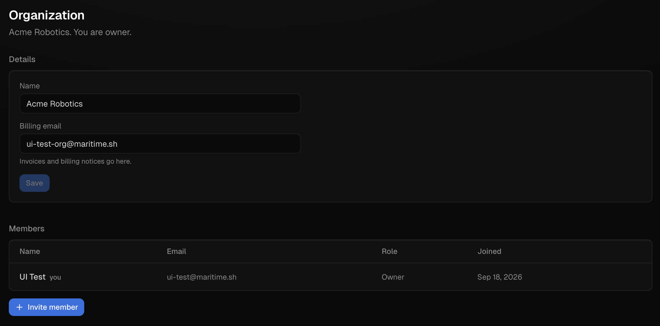 The Organization page: name, billing email, members with roles, and an Invite member button