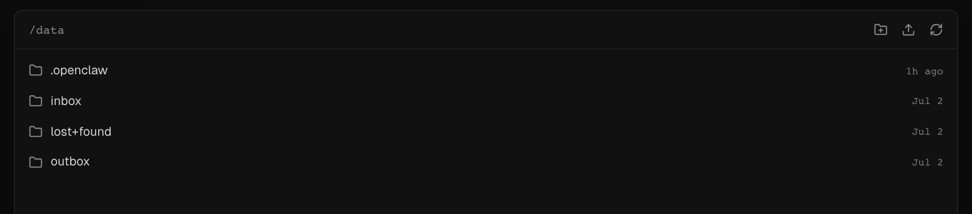 An OpenClaw agent's volume in the dashboard file browser: .openclaw touched an hour ago, an inbox, an outbox. You are looking at the agent
