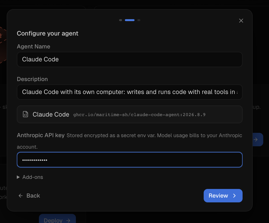 The configure step: name, image, and your Anthropic API key