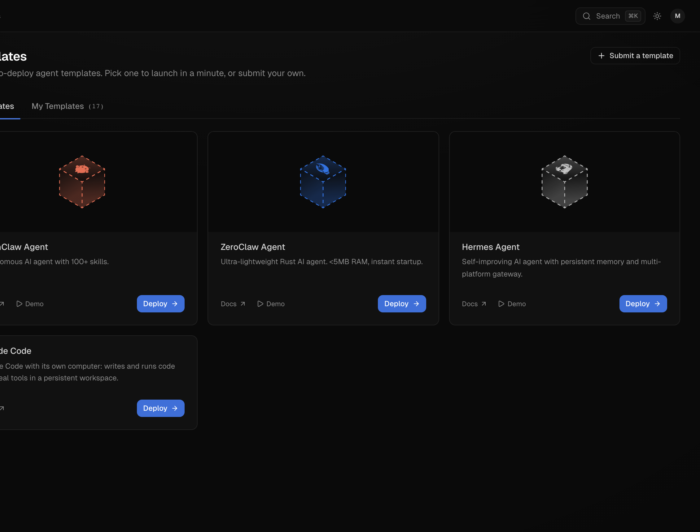 The Templates page with the Claude Code template