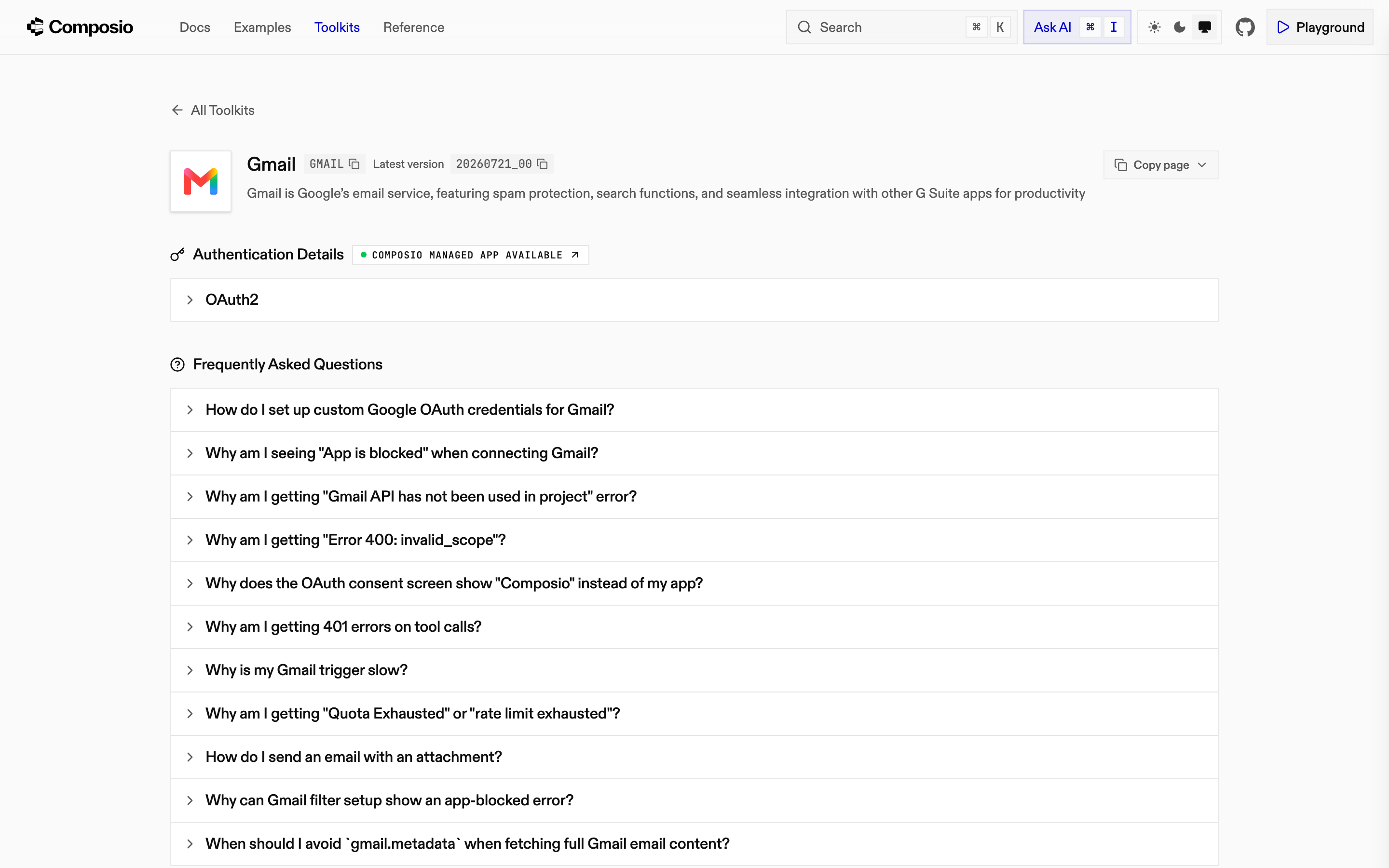 The Gmail toolkit in Composio's docs, with the managed OAuth app badge