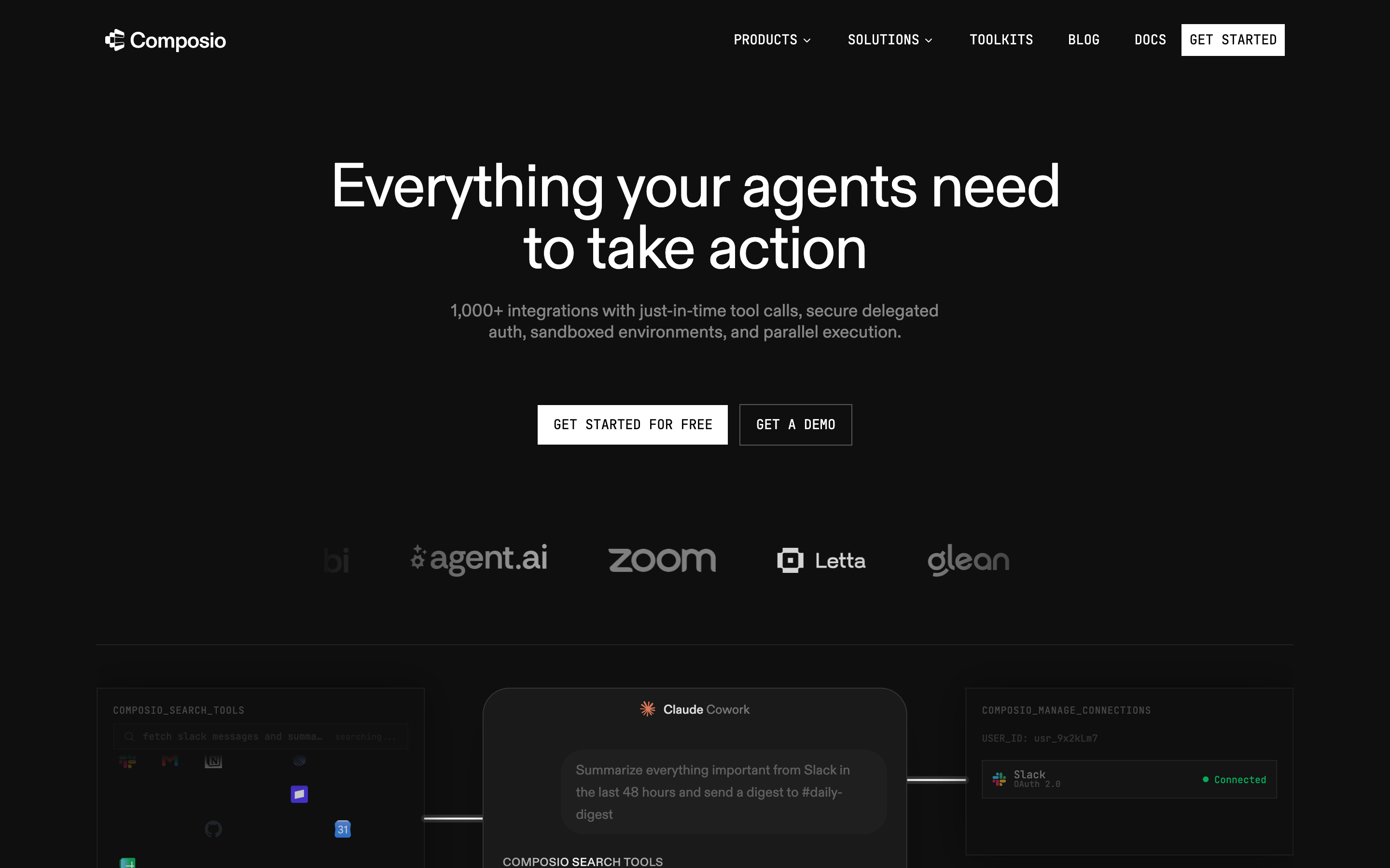 Composio's pitch: 1,000+ integrations with delegated auth, built for agents