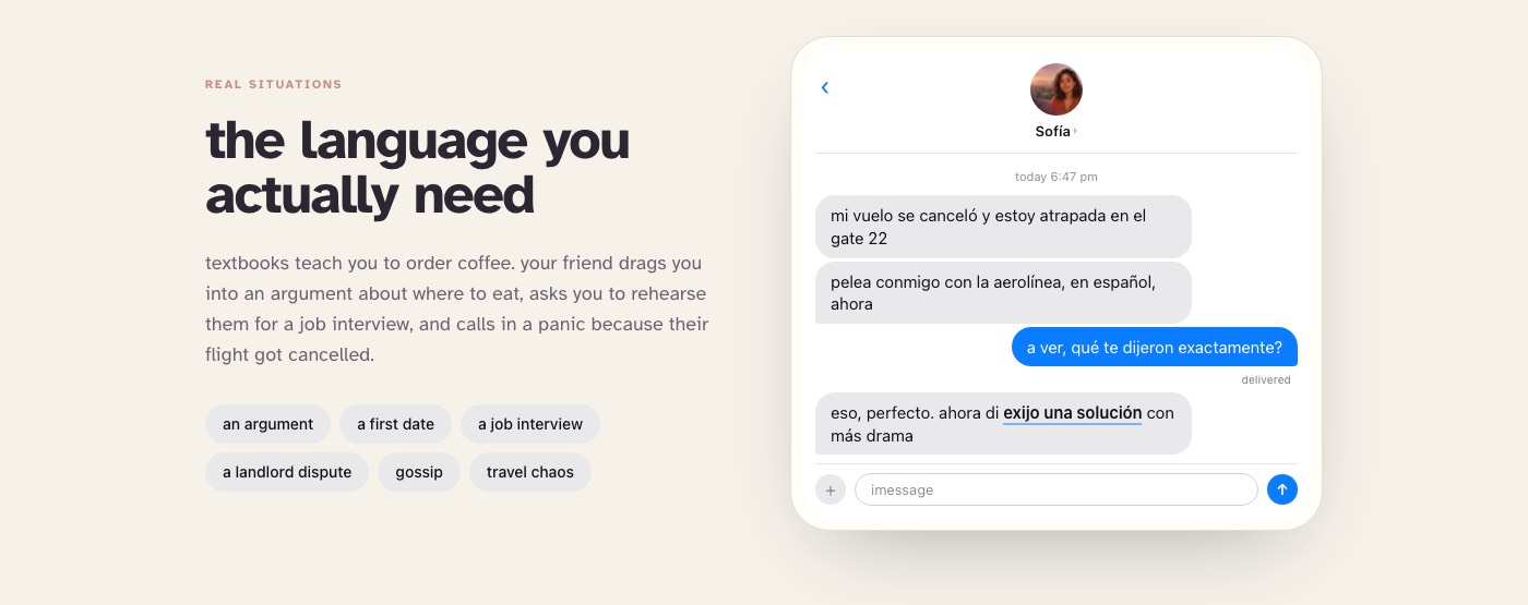 The product: a friend who texts in the language you are learning, running on a dedicated agent per user
