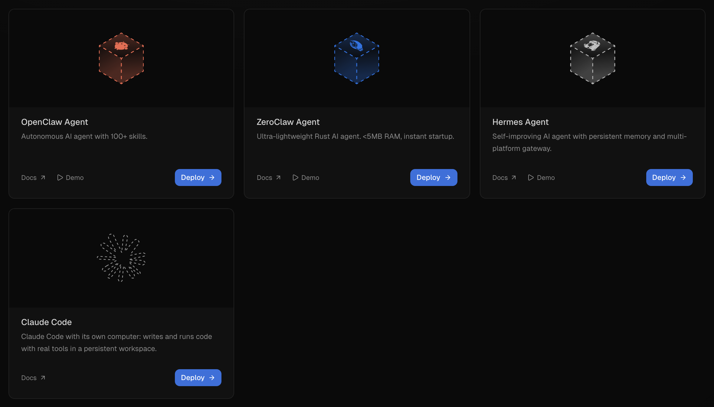 The Templates page on Maritime: four frameworks, four Deploy buttons, one lifecycle underneath