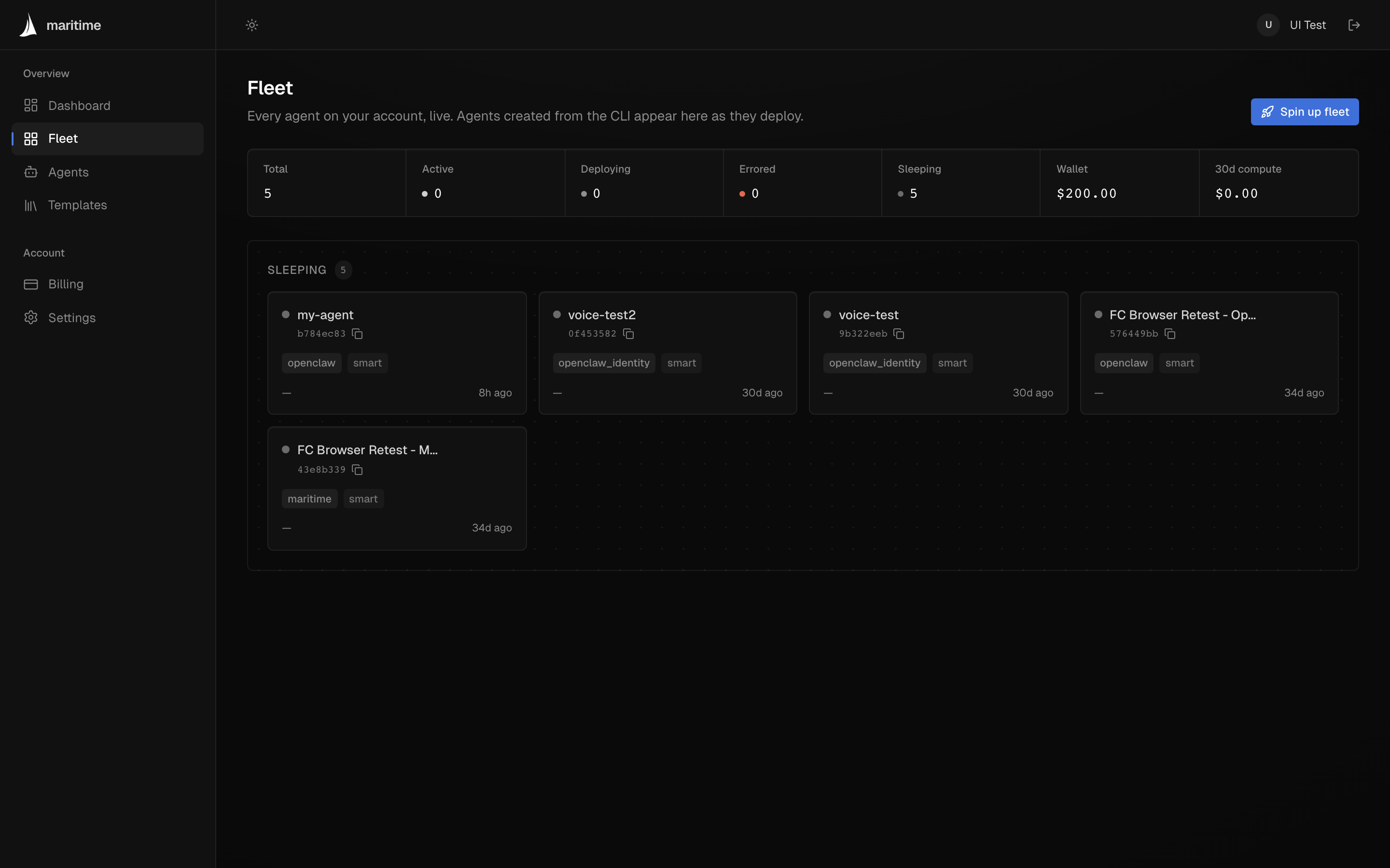 The fleet view: every agent, its status, and its controls in one place